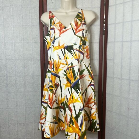 KAREN MILLEN BIRD OF PARADISE PRINT FIT & FLARE  DRESS US 8 UK12 EU40 - Picture 1 of 10